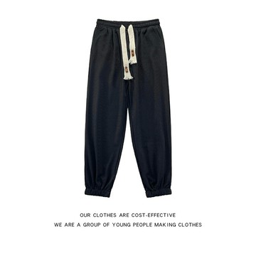 美式編織抽繩運動褲子男生潮流百搭闊腿寬松直筒休閑九分束腳衛褲