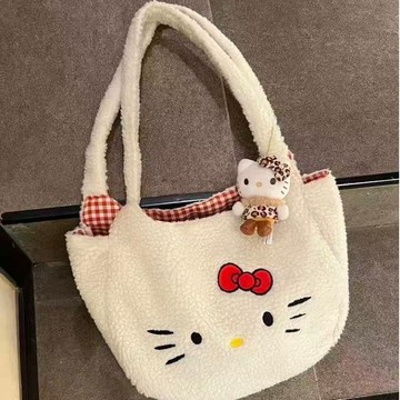 kitty手提包 可愛羊羔毛KT貓刺綉手拎通勤包包收納包 可愛包包 kitty肩背包 kitty側背包 kitty手拎包