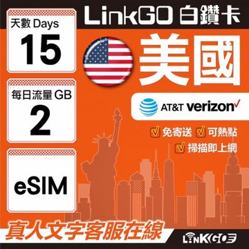 LinkGO白鑽卡 美國 eSIM卡 15天上網卡 每日2GB 高速流量(美國網卡 舊金山 洛杉磯 紐約 西雅圖)