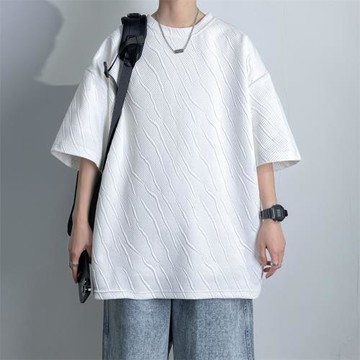 白色t恤男短袖高級感提花上衣夏季薄款寬松圓領體恤男士半袖汗衫