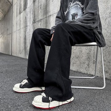 潮牌美式復古毛邊微喇叭牛仔褲