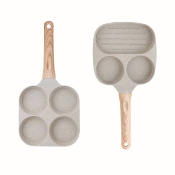 升級版麥飯石煎蛋鍋平底不粘鍋三孔/四孔款/雞蛋鍋/漢堡鍋/煎蛋器三孔款 米白色