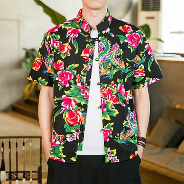 中國風男裝短袖唐裝上衣T恤男青年休閒復古盤扣立領東北大花襯衫-黑色-水水女人國