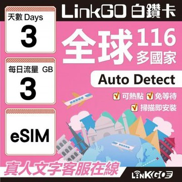 LINKGO白鑽卡 全球116國 eSIM卡 3天上網卡 每日3GB(全球網卡 亞洲 歐洲 美洲 大洋洲 非洲)