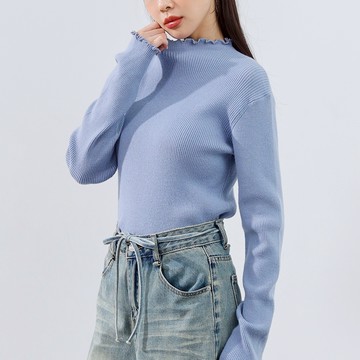 QUEENSHOP_F 女裝 長袖 木耳邊細坑條針織高領上衣 五色售 現+預 【01099284】