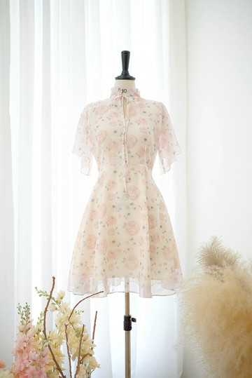 復古連衣裙，奶油色，花痴圖案，派對禮服旅行伴娘服