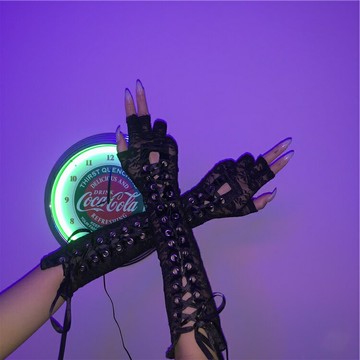 手套女ins韓版復古網紅土酷蕾絲鏤空綁帶長款露指袖套手套學生潮