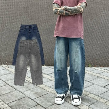 【APPAREL】立體弧線刷色寬版牛仔褲