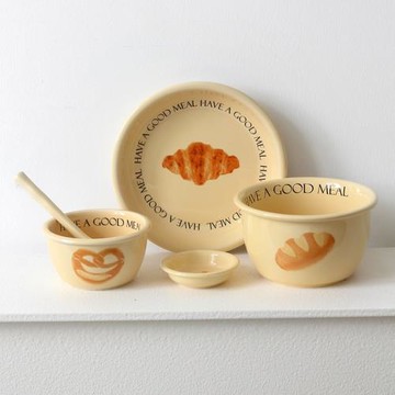 ins韓式奶油黃吐司面包胖餐具復古家用菜盤米飯碗面碗早餐甜品盤