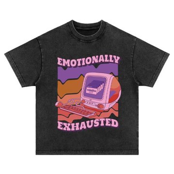 電腦失控情緒疲憊 直噴重磅vintage水洗做舊長短袖T恤衛衣美式tee