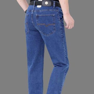 正品蘋果牛仔褲男經典秋冬季厚薄中腰彈力寬松褲爸爸商務休閑長褲