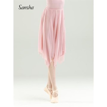 Sansha 三沙芭蕾舞裙 少女舞蹈半身裙彈力網練功裙不規則下擺長裙