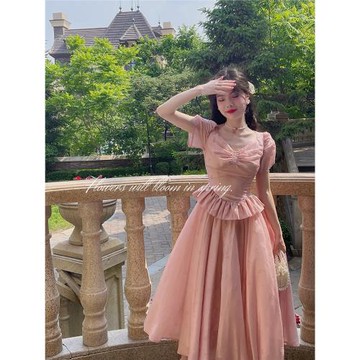 DAC【南洋少女】夏純色高級感法式泡泡袖收腰顯瘦茶歇連衣裙長裙