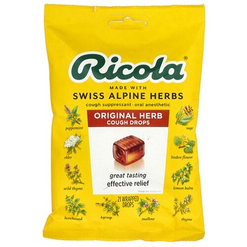 Ricola, 天然草本咳嗽緩解潤喉糖，21顆