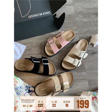 葡萄媽studiolee夏季新款平底一字帶方扣厚底沙灘勃肯涼拖鞋女ins