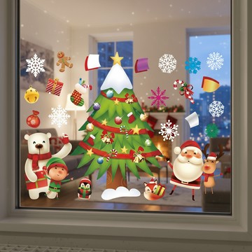 摩達客 耶誕彩色8號大雪頭繽紛裝飾聖誕樹 無痕窗貼玻璃貼 Set 2  75 x 35cm  多色
