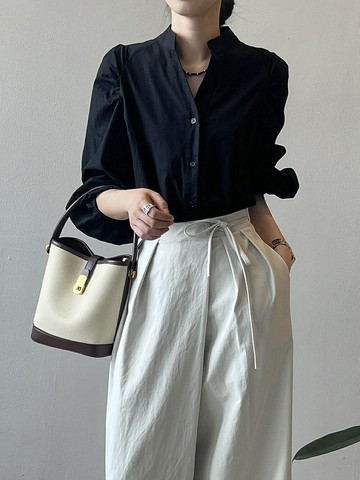 ID:firely667韓系??立頸無領泡泡袖長袖襯衫