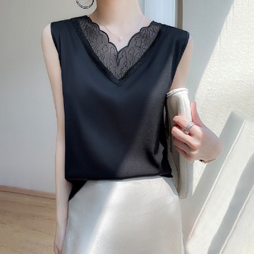 [巴黎精品] 現貨+預購 頂級法式絲質背心緞面上衣名媛絲綢襯衫冰絲涼感天絲tT恤外穿打底蕾絲V領女上衣3色a1be2