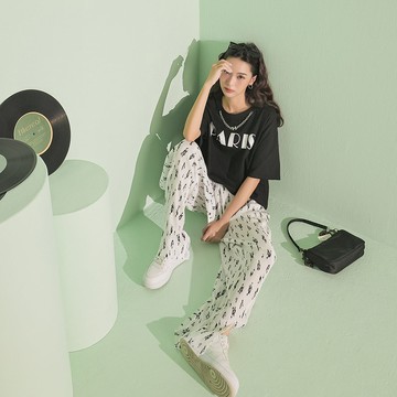 斑紋細褶落地寬褲-白【KT201225】