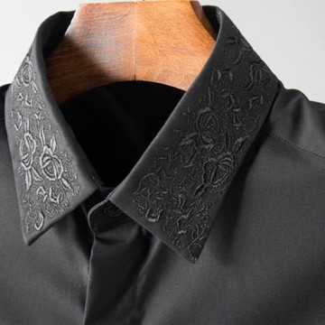 春季領子刺繡長袖修身襯衣男士潮流休閑帥氣商務純棉男裝黑襯衫男