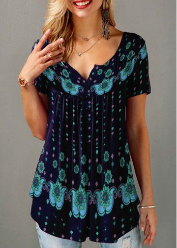 Notch Neck Button Front Retro Print Blouse