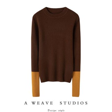 演繹不凡品味~拼色圓領彈力坑條羊絨衫女純羊絨毛衣針織衫打底衫