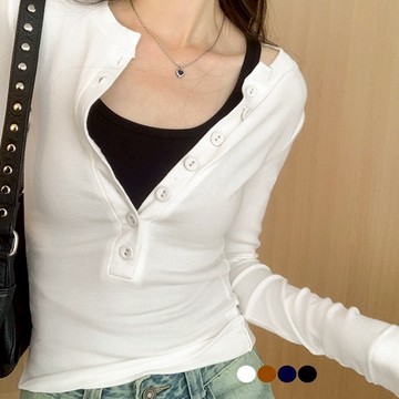 【A&R】設計感修身顯瘦螺紋鈕扣長袖T恤 潔白色,M