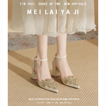 意美絲蕾絲水鉆絕美訂婚高跟鞋女夏季尖頭粗跟單鞋金色婚鞋新娘鞋