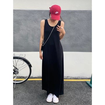 背心長裙超長款大裙擺簡約夏內搭無袖寬松吊帶連衣裙中長打底長裙