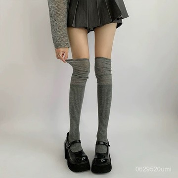 限時七折~奶白色過膝襪子女卡其色高筒襪微壓顯瘦大腿襪日係拚接長筒堆堆襪E568 UOOV