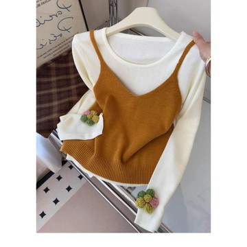 【PING'S🌞】是心動呀~韓系風立體花朵長袖t恤疊穿針織馬甲兩件套女設計感上衣