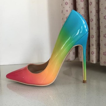 紅黃綠藍漸變彩虹拼色尖頭淺口超細鐵跟歐美女式12cm性感高跟單鞋
