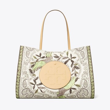 【TORY BURCH】專櫃經典款 Ella 中款復古花卉圖騰帆布手提包/托特包