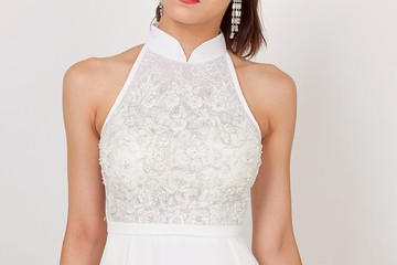 入膊蕾絲新娘旗袍 (白色) | 香港設計 | 新娘裙 | 婚禮服飾