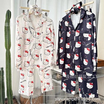 春季新款黑卡通冰絲睡衣女 法式風休閑舒適女生家居服套裝帶發圈