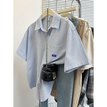 【M-5XL大尺碼】大尺碼女裝 短袖襯衫 襯衫 夏季襯衫 短袖女 大碼300斤藍色短袖襯衫夏新款學院甜美寬鬆條紋襯衣韓係