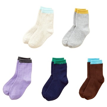 BASE ALPHA ESSENTIALS 兒童配色羅紋中筒襪 5雙組  米白色 + 灰色 + 紫色 + 深藍色 + 咖啡色  2號(3-4歲/14-16cm)