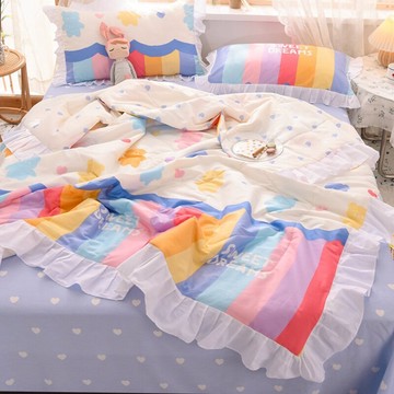 ins全棉夏被四件套荷葉花邊空調被單件純棉裸睡夏涼被可水洗