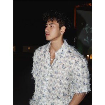 lil monster美式蝴蝶印花寬松短袖襯衫時髦夏季立體流蘇原創襯衣