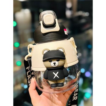 夏季大容量塑料杯子可愛幼兒園學生公仔吸管水杯便攜背帶隨手杯