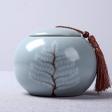 陶瓷密封汝窯茶葉罐茶罐流蘇儲存罐紅茶普洱茶具茶倉配件