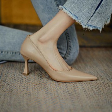 裸色高跟鞋女氣質細跟真皮職業鞋2025新款歐洲站法式淺口尖頭單鞋