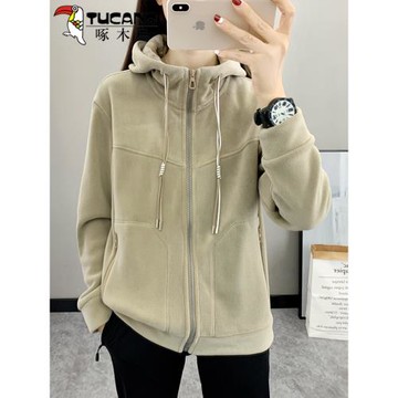 啄木鳥搖粒絨外套女秋冬2025新款開衫加厚衛衣連帽休閑保暖抓絨衣