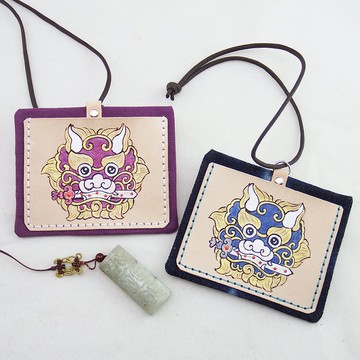 平安獅-劍獅 (橫式) 雙層皮革古布悠遊卡套證件套