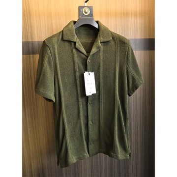 走歐美單 條紋編織提花肌理/2025年夏季男士復古直筒翻領短袖襯衫