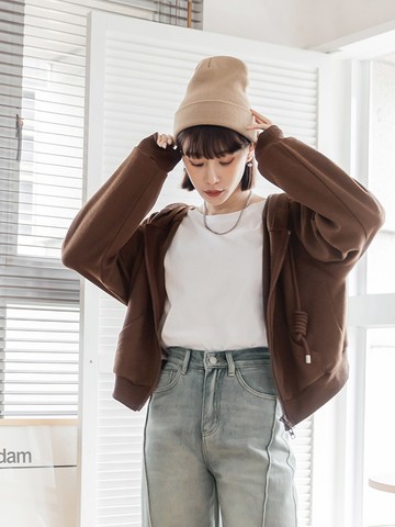 保暖棉質造型帽繩雙拉鍊連帽外套