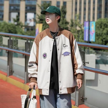 棒球服男美式復古撞色機車服春秋潮牌寬松飛行員夾克鹿皮絨外套潮