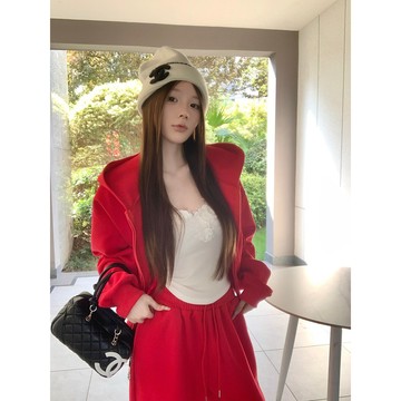 【夏天Summer】🔥 辣妹短款開衫外套紅色連帽衛衣 抽繩休閒褲衛褲時尚 紅色連帽衛衣辣妹短款開衫外套 抽繩衛褲套