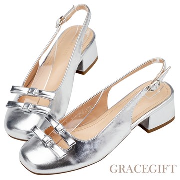 【Grace Gift】甜美雙蝴蝶結圓頭後空跟鞋 銀