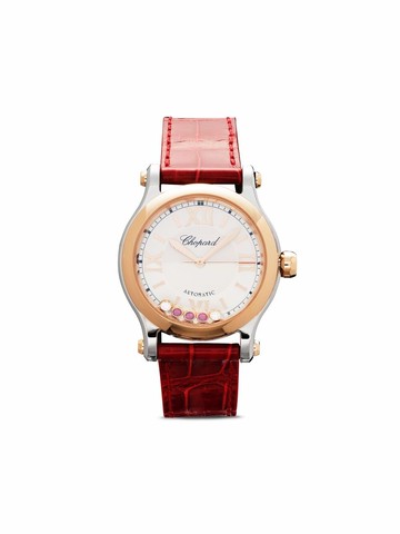Chopard - Happy Sport 33mm - women - stainless steel/Diamond/Ruby/18kt Rose Gold/Calf Leather - One Size - White